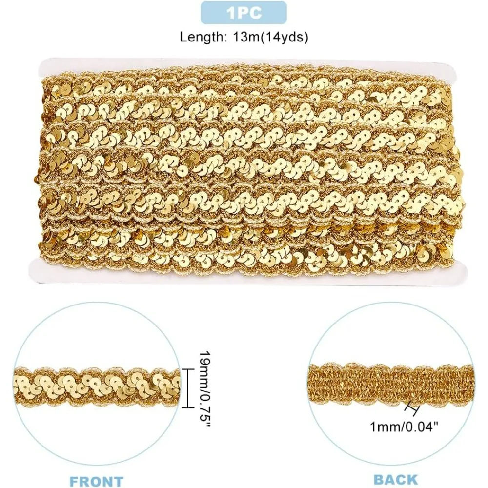 14 Yards Metallic Lace Trim 3/4 Inch Ligh Gold Sparkle Wave Trim Sewing Fabric Trim Crochet Ribbon with Paillette