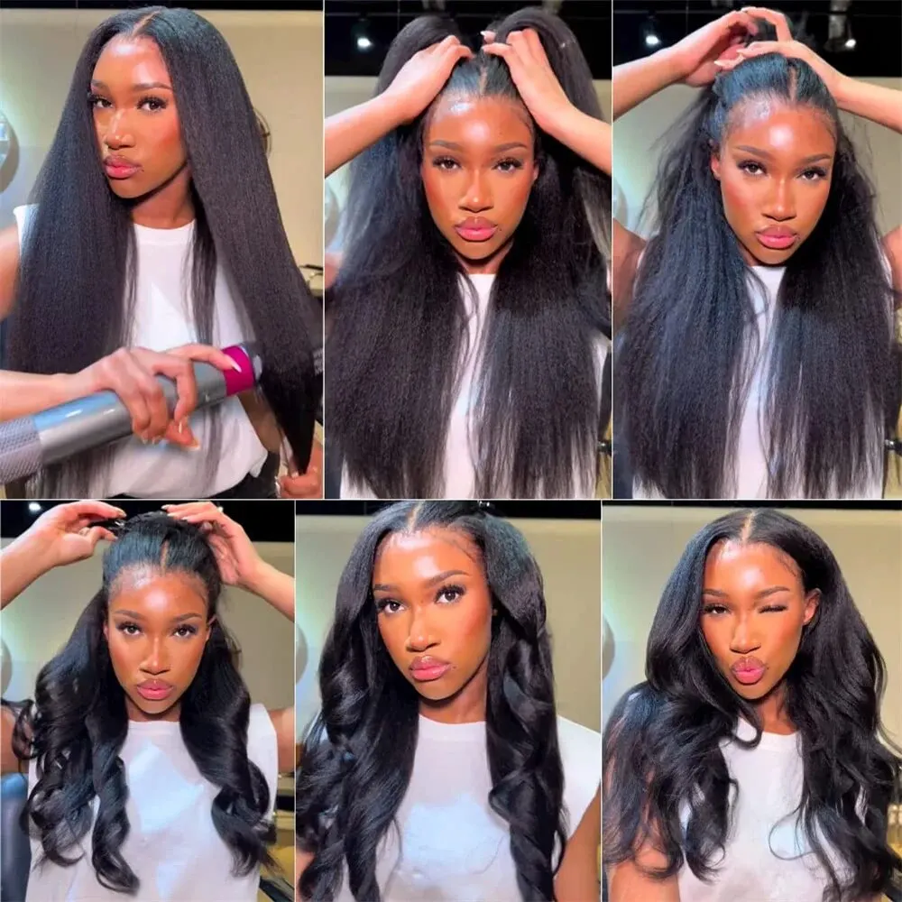 Long Kinky Straight Human Hair Wig 13x4x1 T Part Yaki Lace Wig With Baby Hair Heat Resistant Middle Part Wig Natural For Women