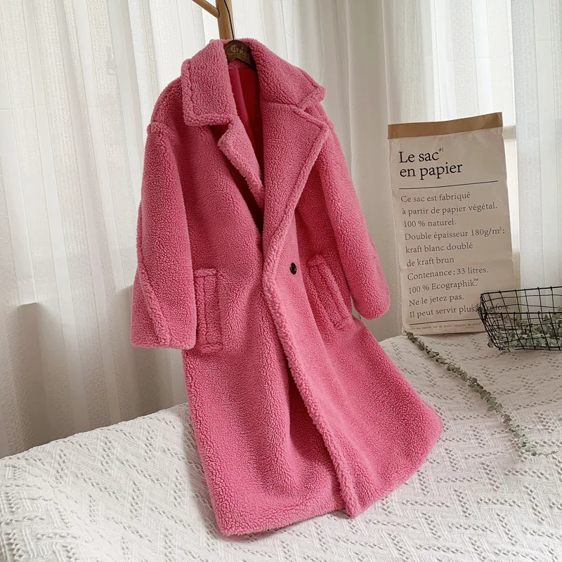 

Solid Long Teddy Faux Lamb Fur Coat Notched Collar Losse Women's Furry Jacket Single Button Plush Coats Winter Warm Fluffy Tops