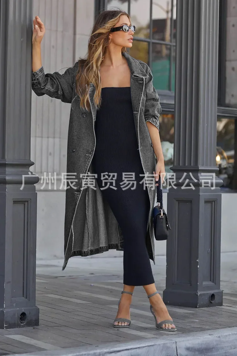 Women Trench Single Breasted Turn Down Y2k Denim Coats Pockets Jackets Loose Button Spring High Street Work Elegant Streetwear