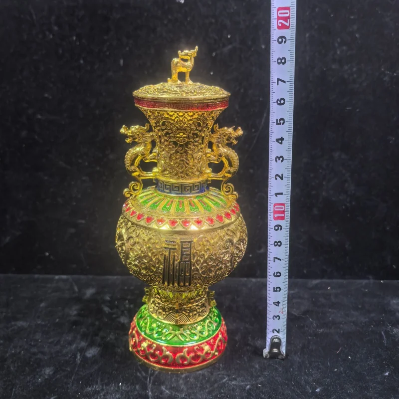 Miscellaneous Antique Items: Double Dragon Bottle with 'Fu' Character, Treasure Box, Copper Gilt Enamel Color Incense Burner wit