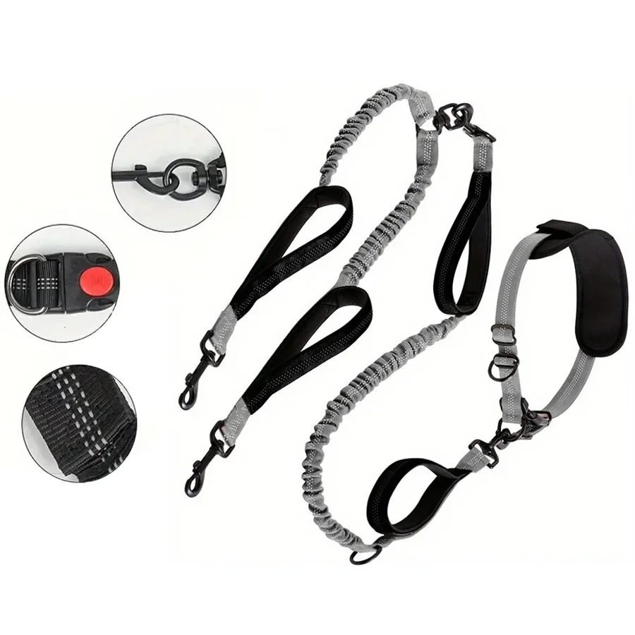 Laisse double réfléchissante pour 2 chiens, poignées rembourrées, laisse double pour chiens de taille moyenne et grande, entraînement, jogging, course à pied, accessoires pour animaux de compagnie
