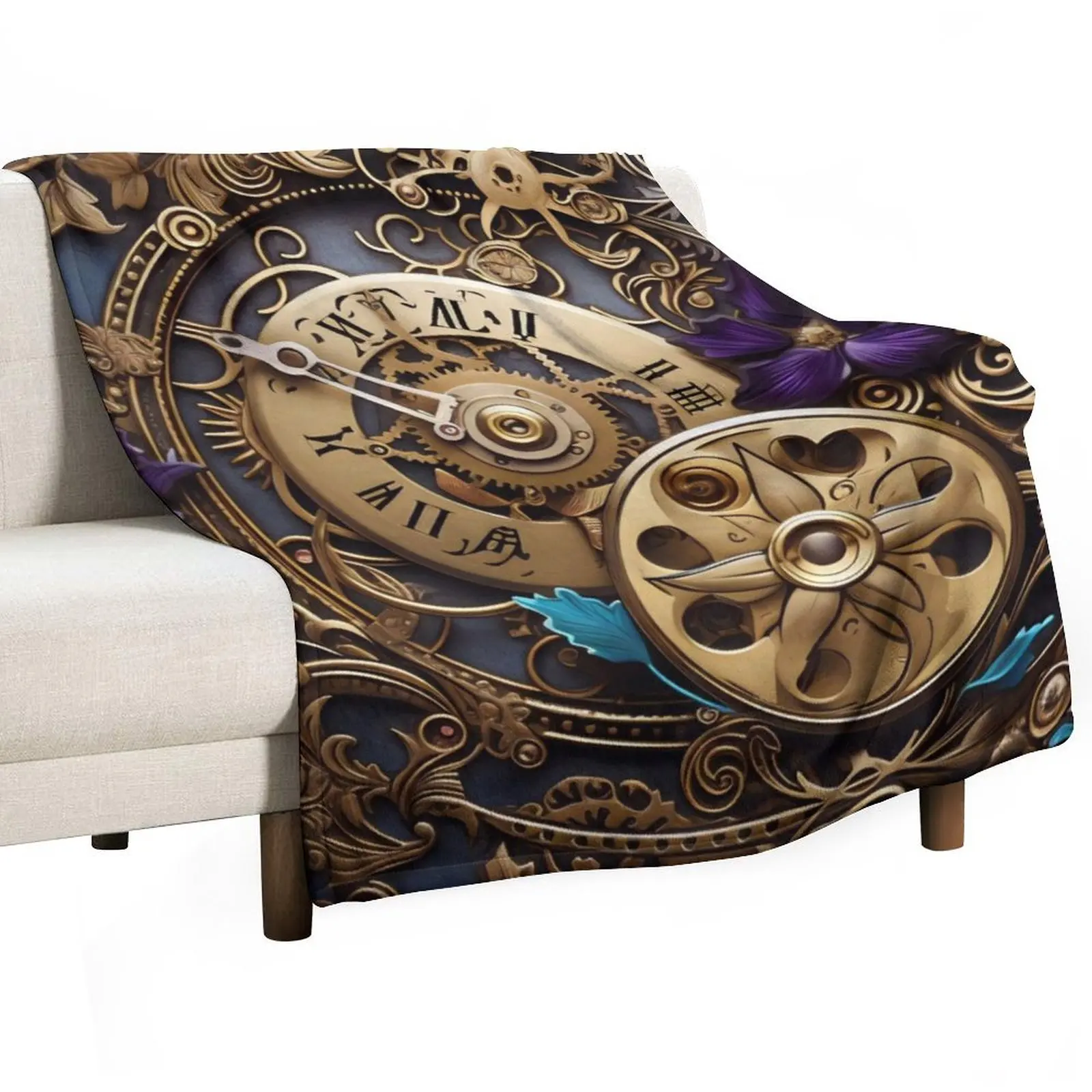 

Steampunk Flowers and Rusty Clockwork with Dark Background Throw Blanket Luxury Designer warm winter Blankets