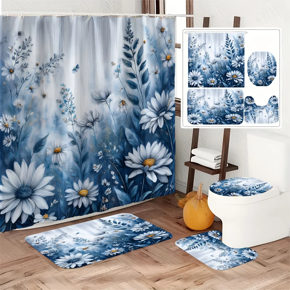 

4 шт. Синие украшения для ванной комнаты с цветочным и узором бабочки, коврики для ванной комнаты, U-образные коврики, чехлы на сиденья унитаза, занавески для душа.