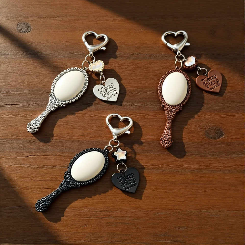 Exquisite Handheld Makeup Mirror Keychain Heart Shaped Key Buckle Car Pendant Bag Charms Hanging Key Ring Backpack Accessories