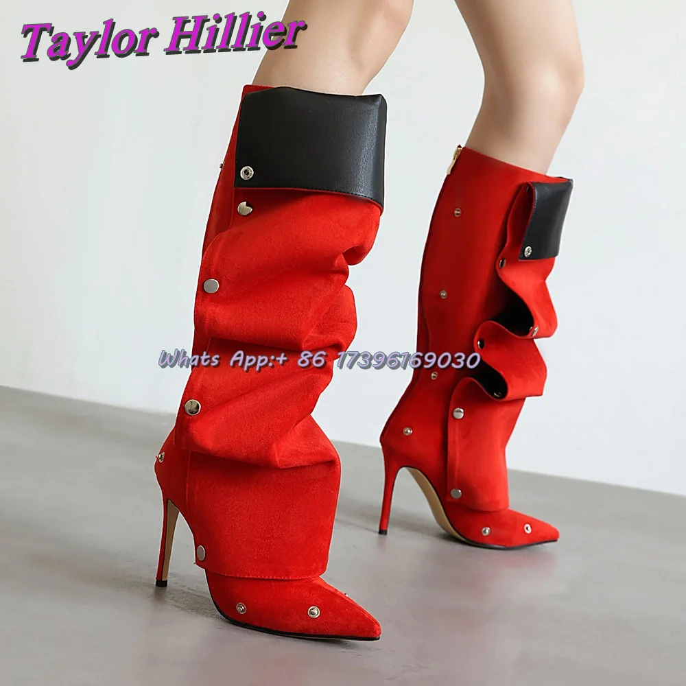 Turn-Over Pleated Boots Pointed Toe Rivets Knee-High Sexy Women Dress Dating Solid Stiletto High Heel 2025 Fashion Winter Shoes