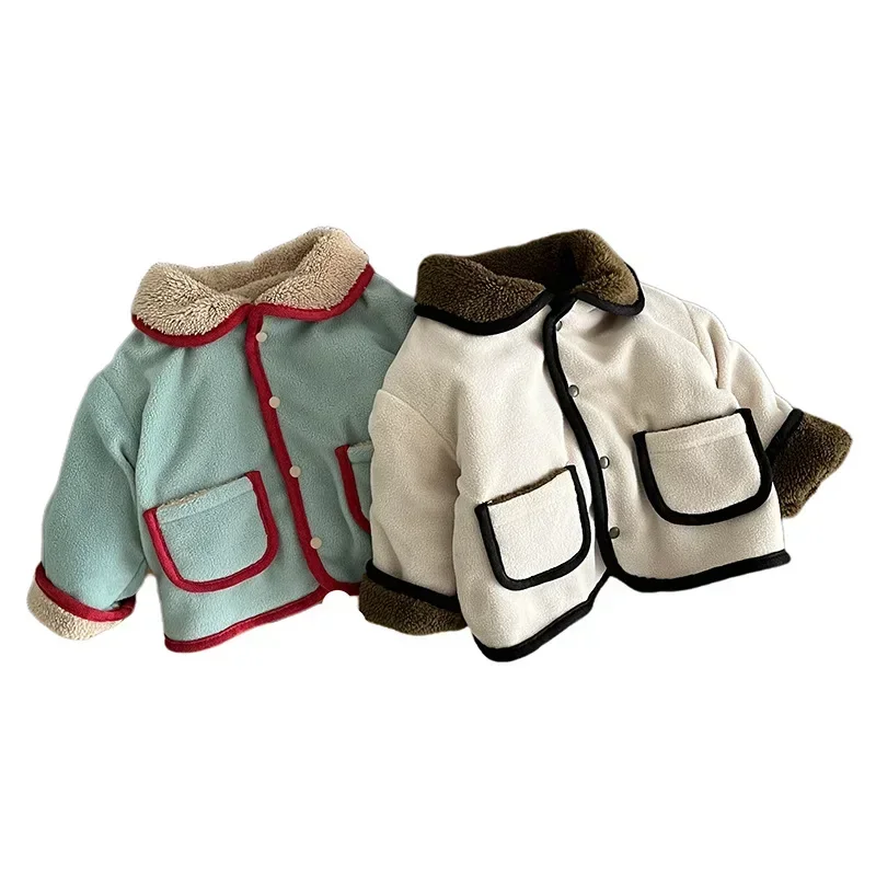 Autumn Winter Boy Girl Children Plus Velvet Thicken Warm Jacket Baby Solid Fleece Lapel Long Sleeves Tops Kid Retro Casual Coat