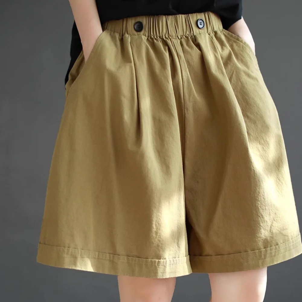 

Womens Cotton Casual Shorts High Waist Elastic Wide Leg Pocket Summer Loose Fit Shorts 6 Colors Plus Size Wide Leg