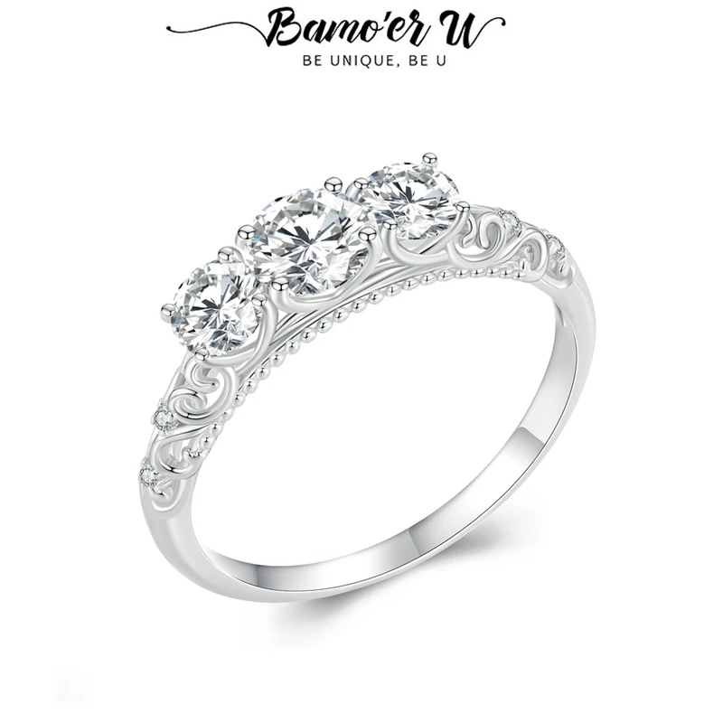 

Bamoer U Moissanite Ring 925 Sterling Silver Unique 3 Moissanite and Lace Design Ring Women Fine Jewelry D Color VVS1 EX