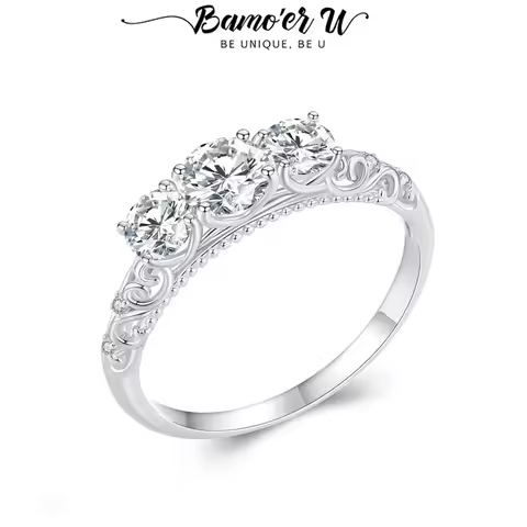Bamoer U Moissanite Ring 925 Sterling Silver Unique 3 Moissanite and Lace Design Ring Women Fine Jewelry D Color VVS1 EX
