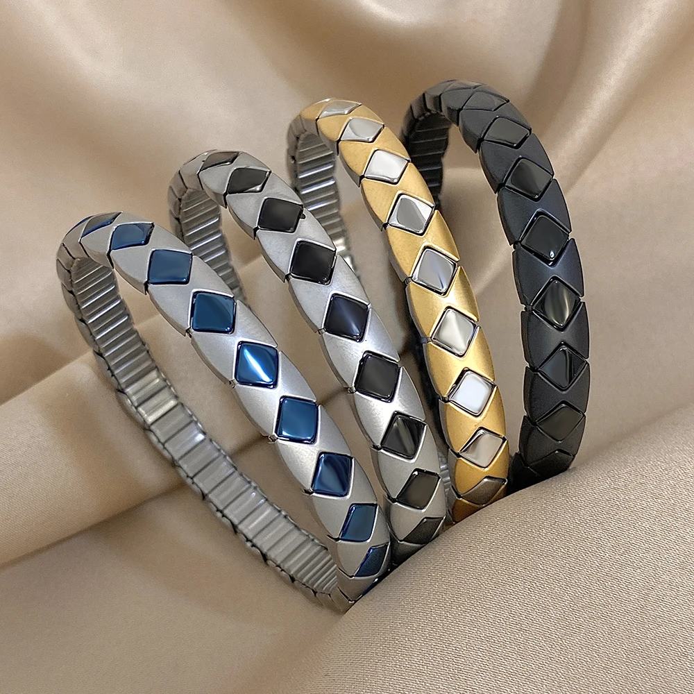 

DODOHAO Plaid Stitching Color Stretch Bracelets Argyle Elastic Bangles Unisex Accessories Stainess Steel Fashiuon Jewelry