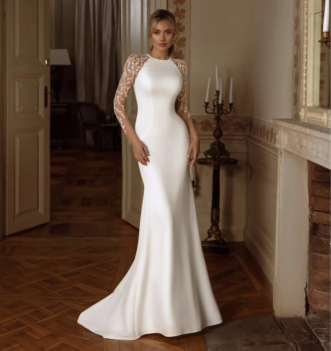 

Elegant Satin Wedding Dress Long Sleeve Lace Mermaid Lace Appliques Bridal Gown Stunning Soft Stain vestido de noiva 2024