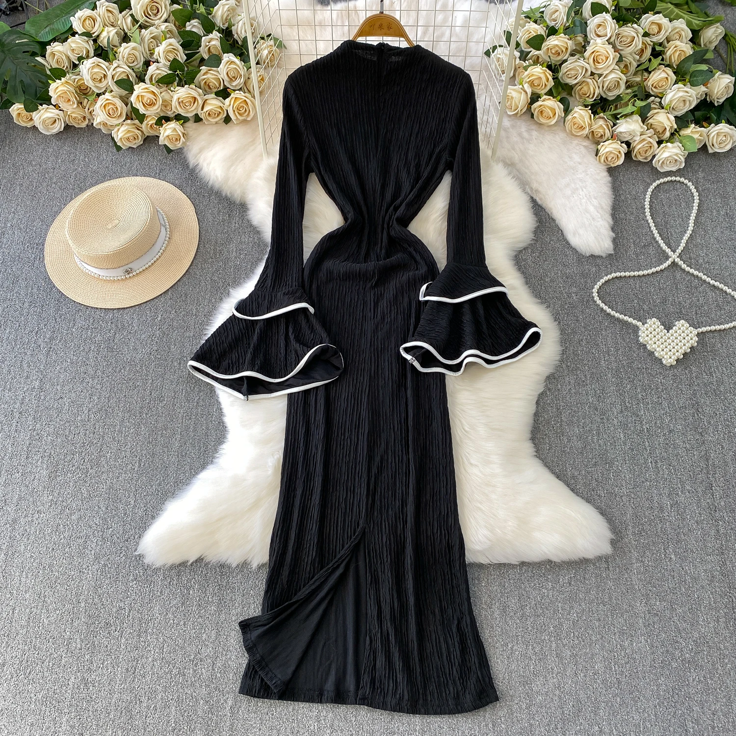 Sexy elegante manga longa listrado lápis vestido vestidos femininos festa francês vintage cerimônia vestidos