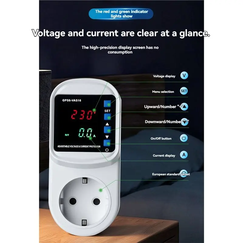 A93E-Adjustable Voltage Current Protector Plug 220V With LED Display, Over Under Voltage Protection Socket EU PLUG
