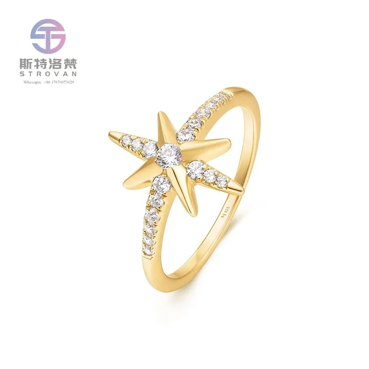 

Sparkling LYBURCHI Fine Jewelry 925 Sterling Silver 14K 18K Gold Plated/Vermeil Eight-Pointed Star Diamond Signet Ring for Women