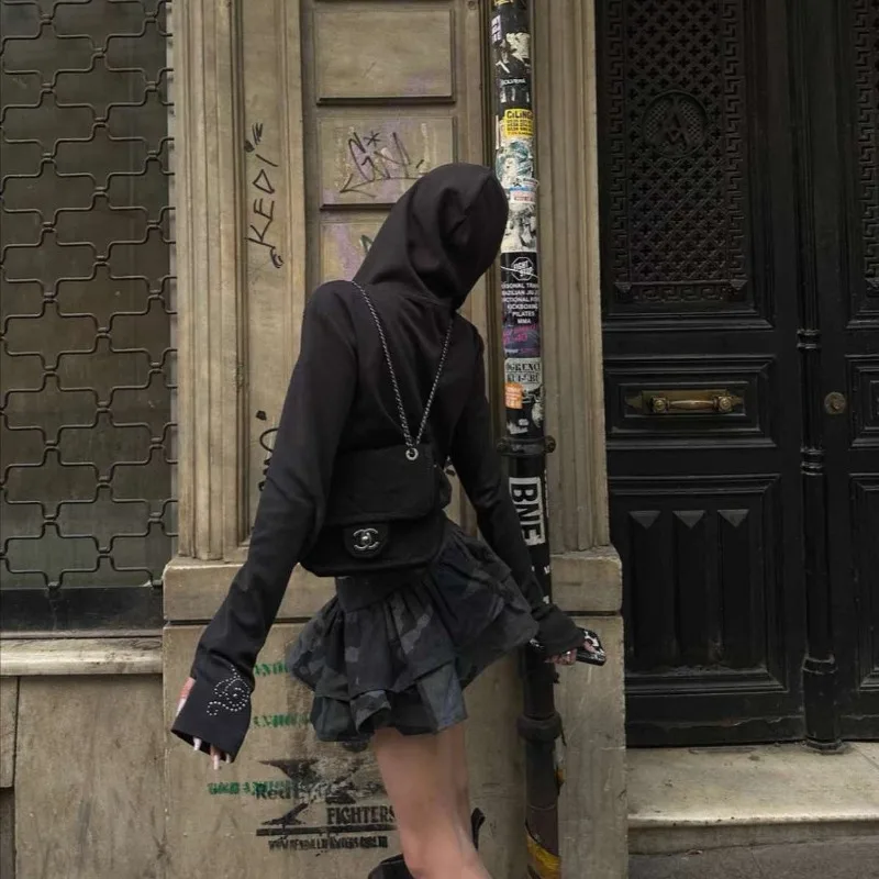 ديبتاون الأسود الجمالية حجر الراين المرأة هوديس الشرير Harajuku خمر سحاب أكمام طويلة بلوزات ضئيلة الجرونج الشارع الشهير #6