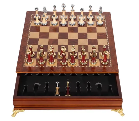 European Luxury Chess High-end Drawer Chess Solid Wood  Pieces Inlaid with Metal Desktop Ornaments