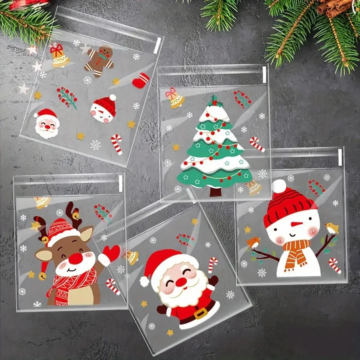 100pcs Christmas TreatBags -Self-Sealing, Disposable Opp Candy & Cookie Pouches With Festive Cartoon Designs for Holiday Gifting