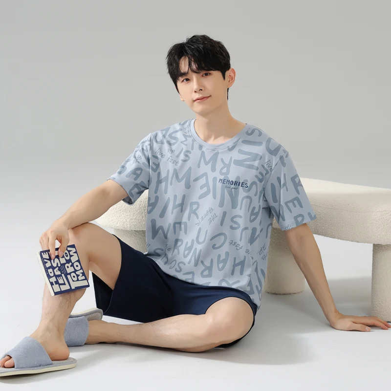 MiiOW Cotton Men's Pajamas Set Short Sleeve Mens Summer Homewear Plus SIze L-3XL Man Breathable Letter Sleepwear Men Pajamas - Image 3