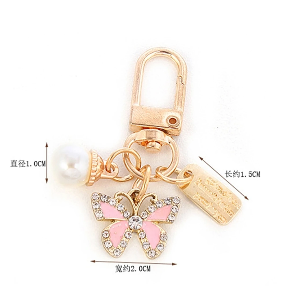 Exquisite Rhinestone Butterfly Keychain Cute Pearl Metal Tag Keyring For Women Handbag Ornaments Charms Friend Gifts Accessories