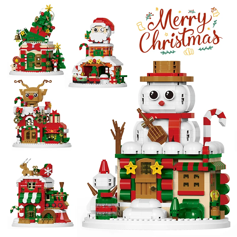 Weihnachten Winter Dorf Bausteine Schneehaus Schneemann DIY Montage Elch mit Licht Mini Ziegel Figur Spielzeug Für Kinder Jungen Geschenke