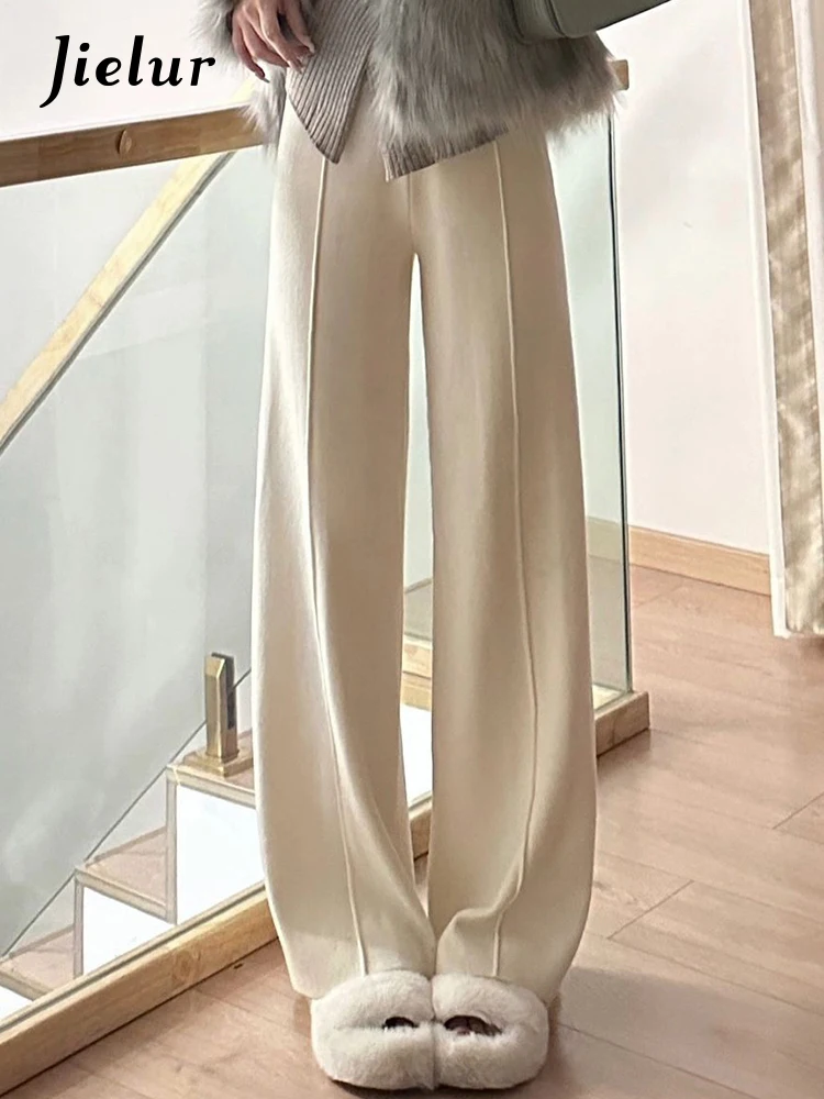 Jielur Off White Slim Fashion Office Lady Pants Knitted High Waist Casual Straight Solid Color Female Wide Leg Pants Streetwear