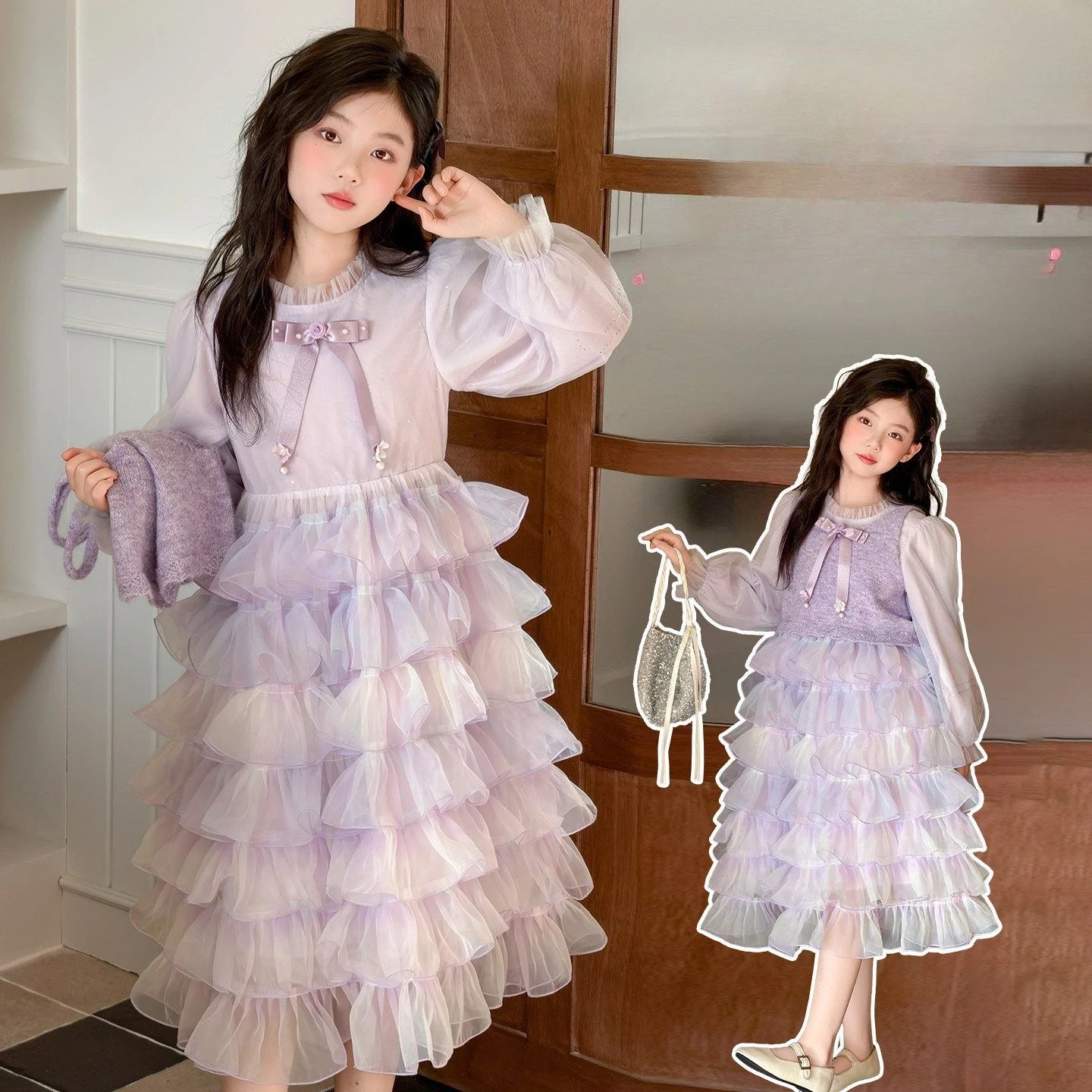 chic French design Purple Princess Dresses vest+Mesh patchwork cake skirt 2 teen kid girls dress suit child clothes outfits 4-14