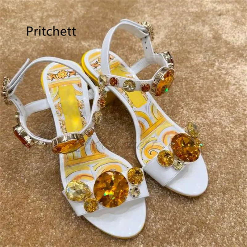 

Bohemian Rhinestone Jewels Chunky Heels Sandals For Women Yellow Prints Buckle Strap 6/10Cm High Heels Beach Vacation Shoes