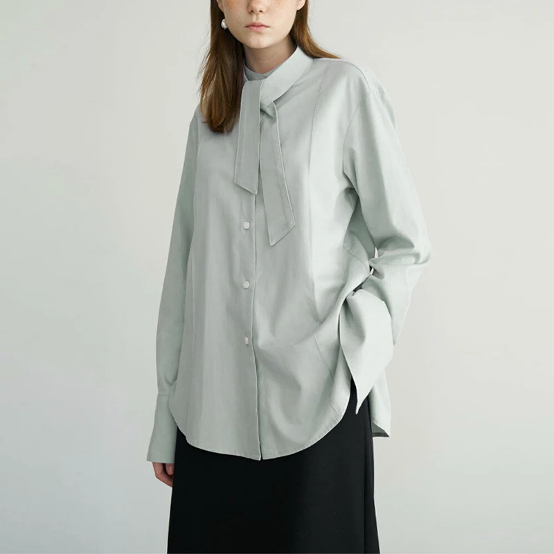 

100% Cotton Chic Bow Tie Women's Shirt Spring And Autumn Design Styles Loose Straight Shoulder Long Sleeved Office Ladies Shirts