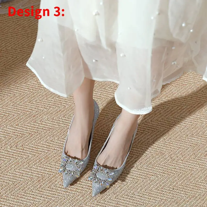 Meotina Woman Fashion Shoes Ponted Toe Thin High Heels Crystal Pumps Elegant Style Party Ladies Footwear Autumn Champagne Silver