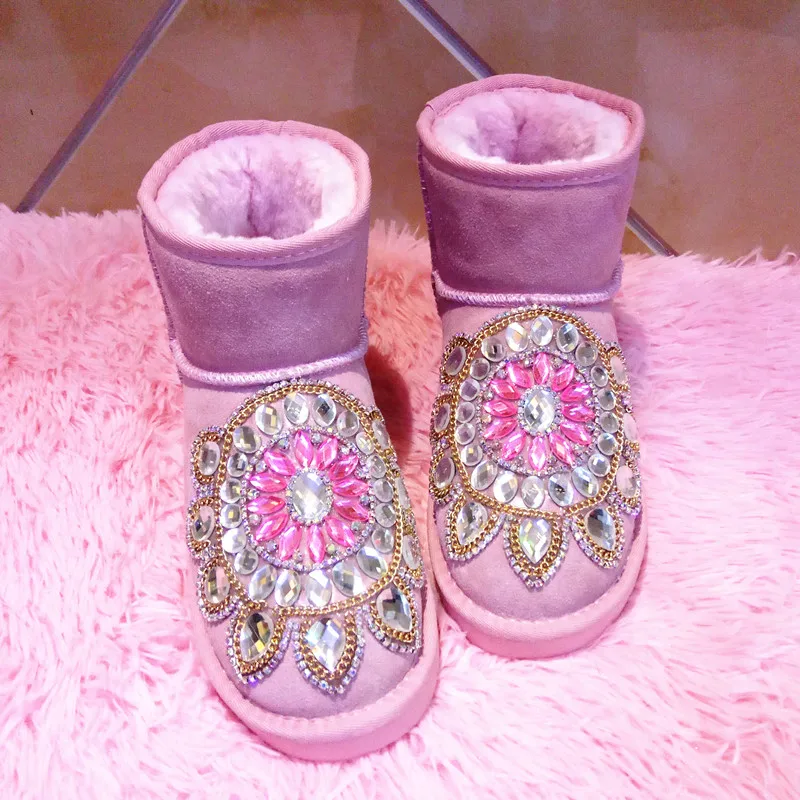 Handmade Rhinestones Women\'s Shoes Fur Snow Boots 2023 Winter New Round Toe Warm Flashing Diamond Cotton Shoes Ankle Boots Pink