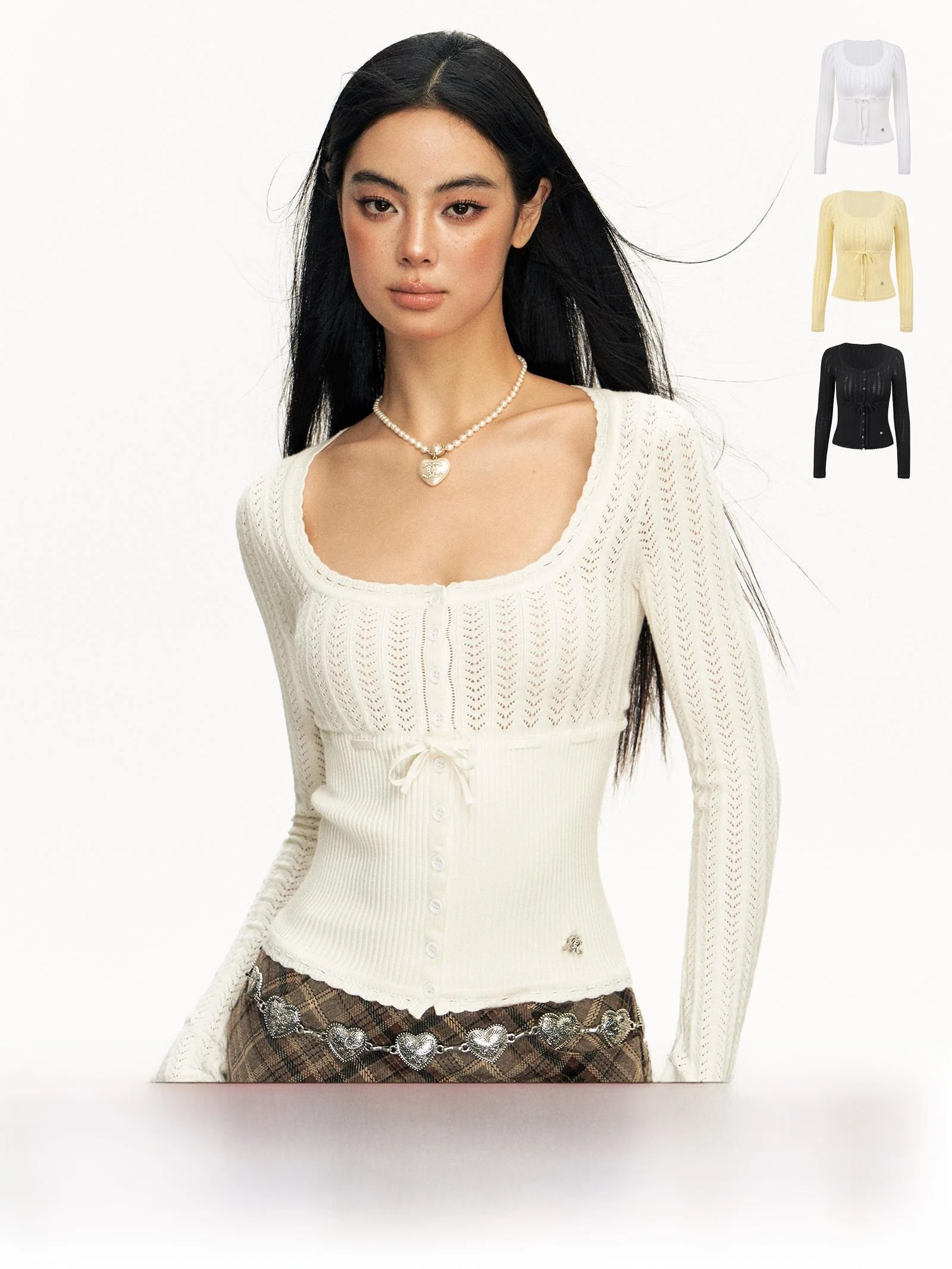 

Ariseism American Retro Design Hollow out Knitted Long Sve Women's Top Slim Fit Spring New Sle Street Faion