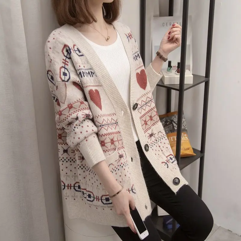 2023 Winter Women Vintage Jacquard Single Breasted Outewear Knitted Cardigan Female Casual V Neck Long Sleeve Loose Sweater Coat