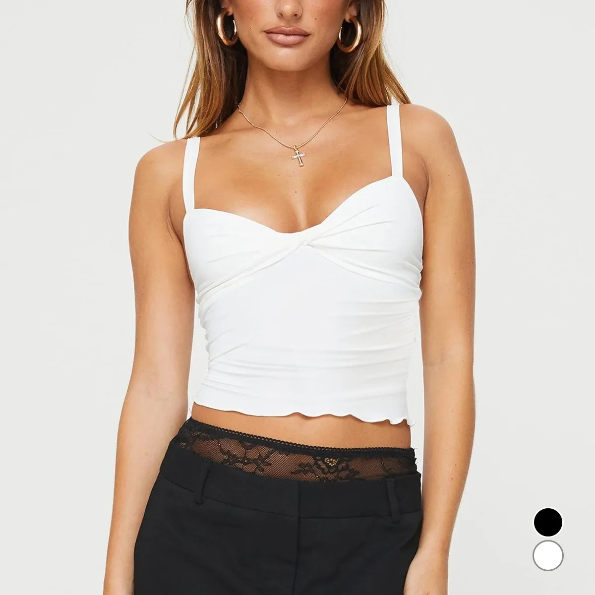 Pleated Ruched Tops Cropped Sweet with Spaghetti Strap Wear as Inner or Outer Slim Fit Girly Medium Stretch Tank Top for Women