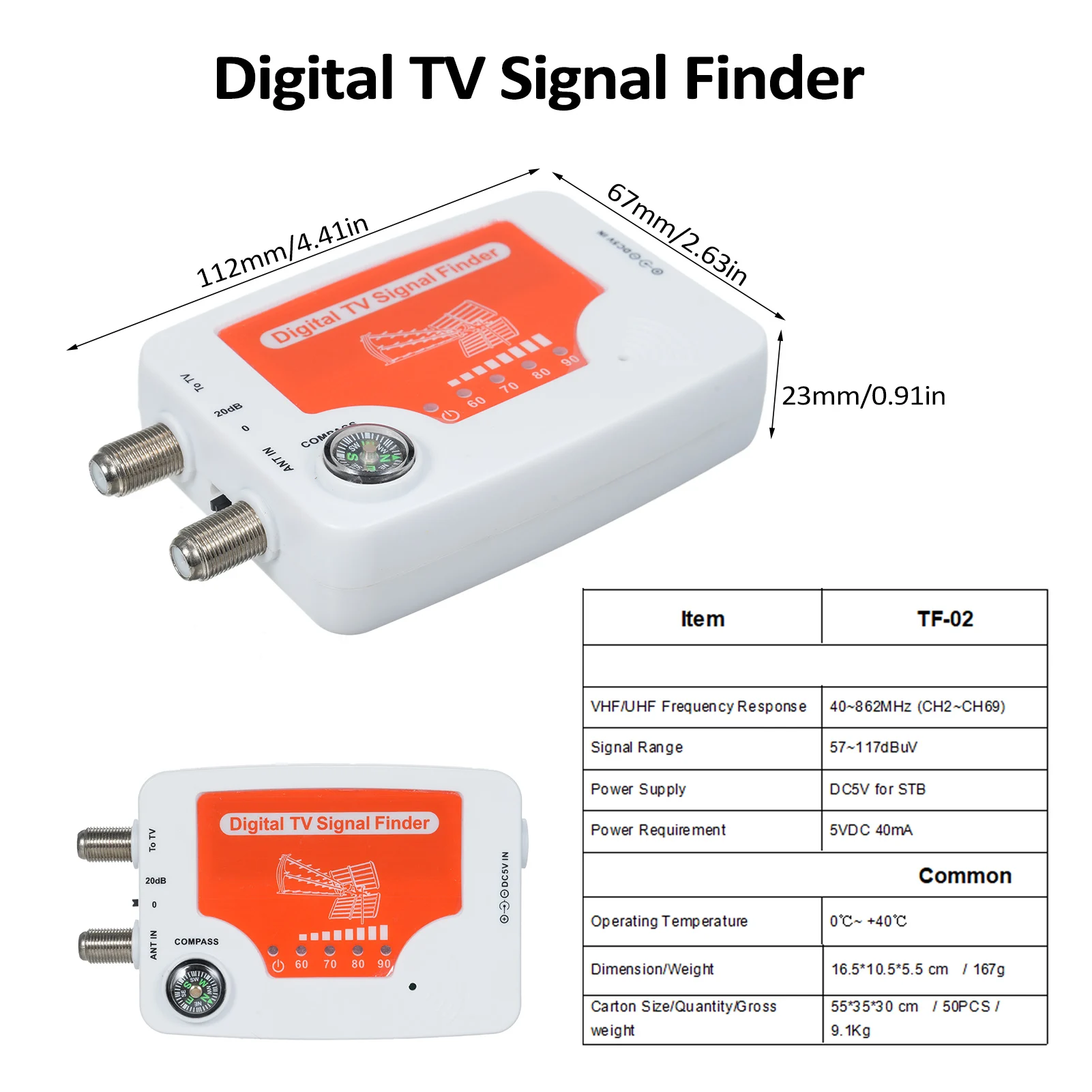 TF-02 Digital TV Signal Finder 40~862MHz Digital Aerial Terrestrial Signal Strength Meter Detector Receiver Signal Strength