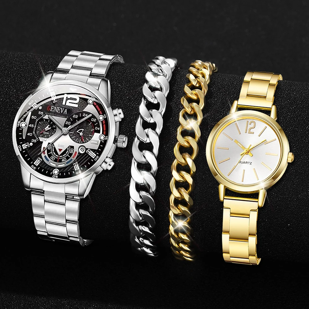 4 Piece Set Of Fashionable Simple And Multifunctional Alloy Watches For Men And Women Alloy Bracelets For Couples