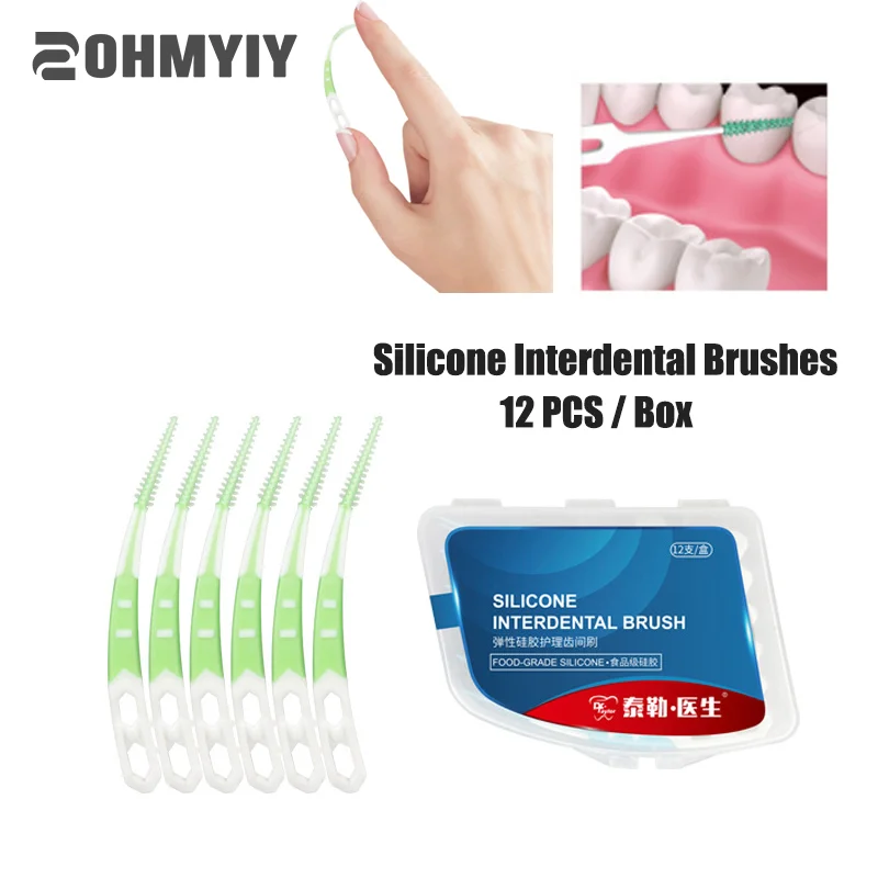 Interdental Silicone Toothpicks com Rosca, Escovas entre Dentes, Ferramentas De Limpeza Oral, 12Pcs por Caixa