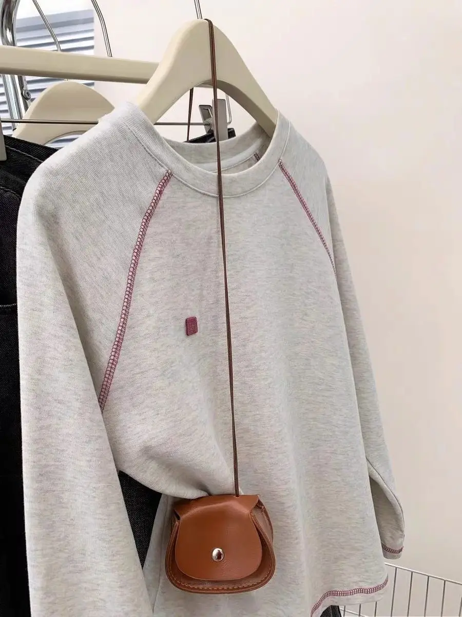 Felpa lunga Sve retrò americana color blo, vestibilità ampia, pullover rotondo Ne per donna, primavera autunno, versatile e confortevole