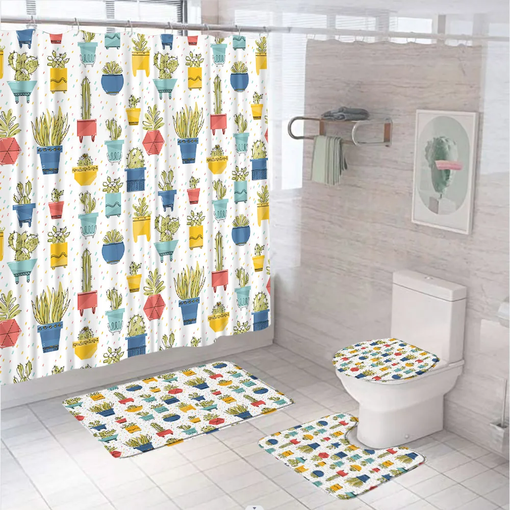 

Potted Plant Shower Curtain Set Cute Green Cactus Botanical Bathroom Decor Curtains Non-Slip Rug Toilet Lid Cover Bath Mat Home