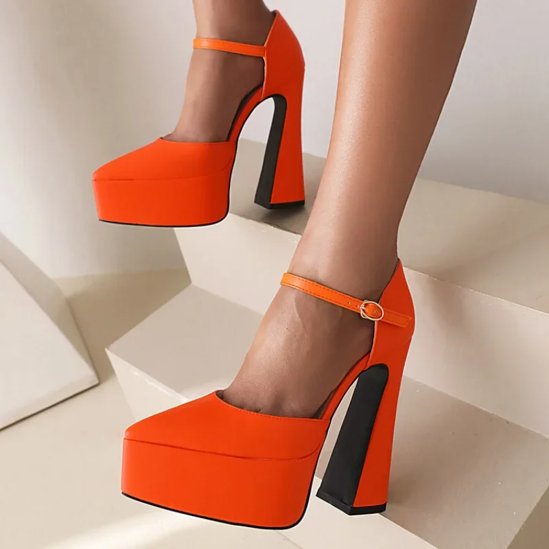 spring autumn fashion Pointed tip high-heeled Women Shoes Solid Shallow mouth Buckle Square heel Mary Jane Women Shoes high 14cm