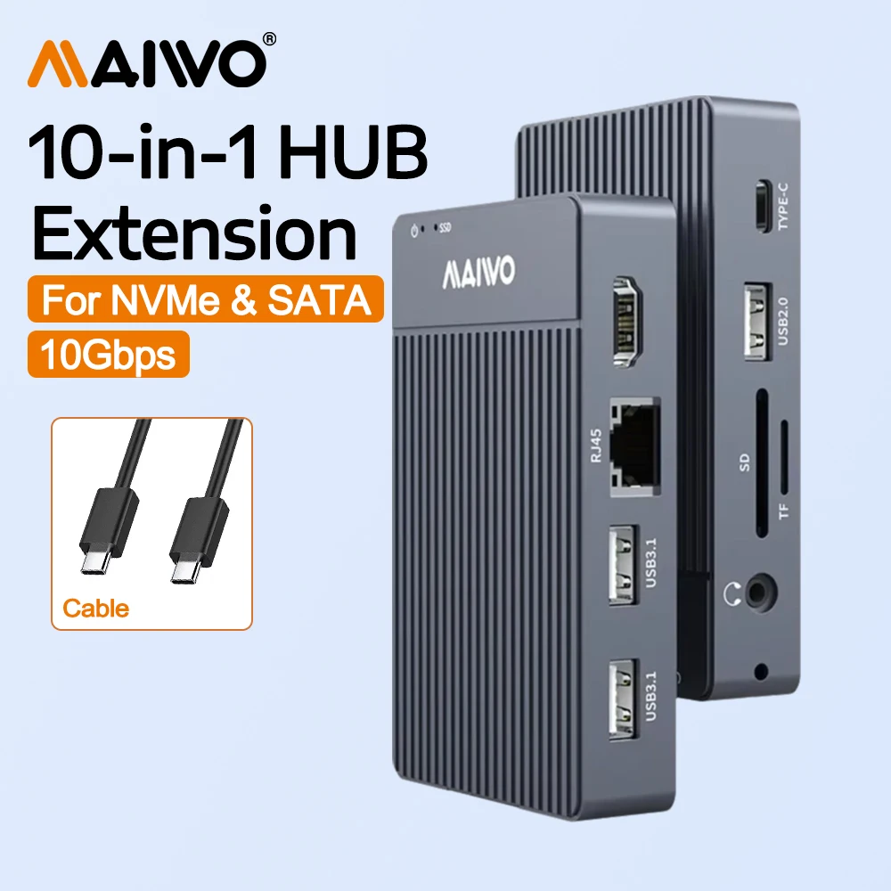 

MAIWO 10-in-1 Type-c HUB & SSD Enclosure For M.2 NVMe SATA SSD with HDMI 4K@60Hz USB 3.1 10Gbps Compatible Gigabit Ethernet port