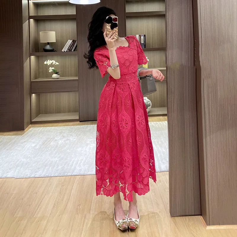 

Винтажное праздничное кружевное ажурное платье для выпускного вечера для женщин, летнее тонкое элегантное длинное платье с короткими рукавами, женская одежда
