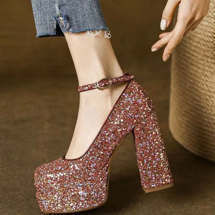 Glitter Sequins Sparkle Golden Silver Closed Toe Women Pumps for Wedding Party Block High Heels Platform Mary Janes Stilettoes