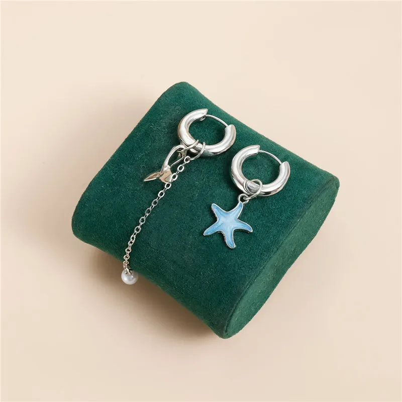 Pendientes de aro bohemios de acero inoxidable con dije de estrella de mar para mujer, joyería delicada de cola de sirena, accesorios de pendientes largos con borlas para niñas
