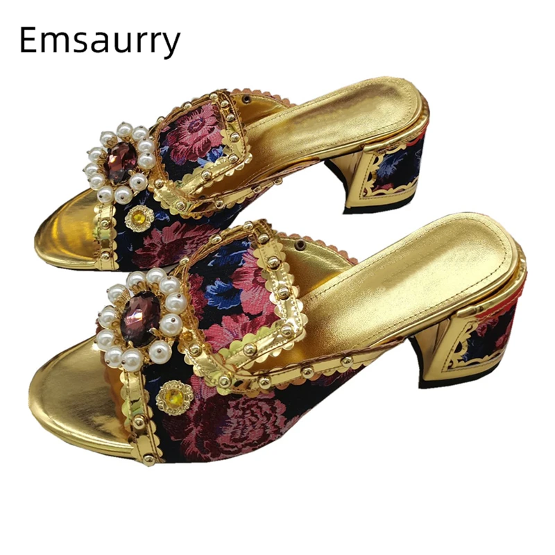 

Exotic Style Embroidery Satin Sandals Women Luxury Pearl Beads Decor Rhinestone Buckle Slingbacks Summer Mules