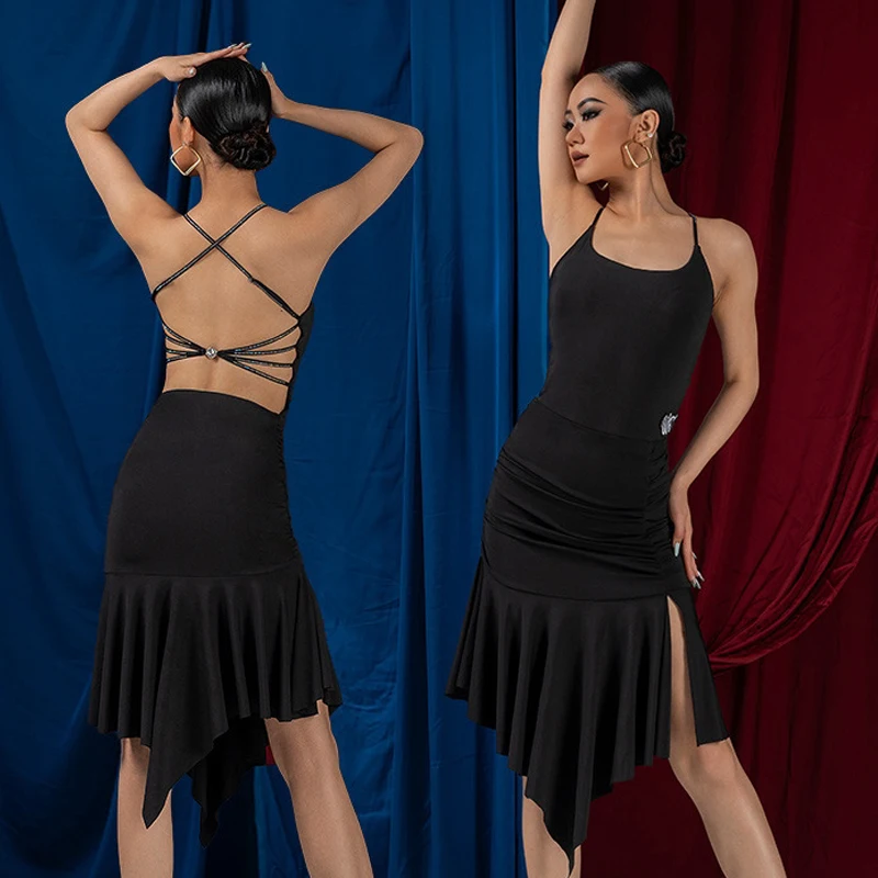 

Adults Latin Dance Competition Costume Sexy Cross Backless Latin Dance Dress Black Tank Top Women Ballroom Dance Clothes SL10928