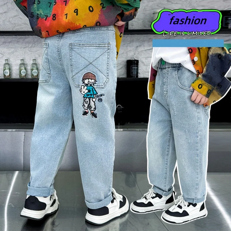 2026 New Spring Boys Embroidered Jeans Character Cartoon Denim Pants 2-8 Years Kids Casual Clothing Fashionable Waist Trousers