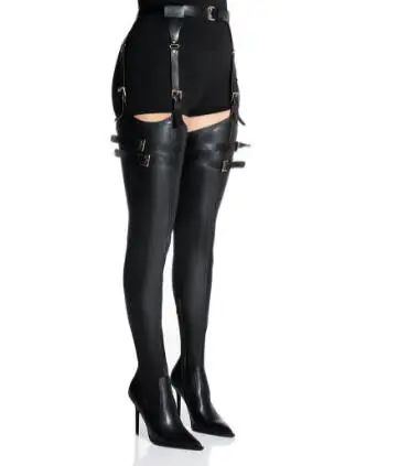 Sexy Black Matte Leather Pointed Toe Waist Belt Buckle Slim Thin Heels Over The Knee Jumpsuit Boots Punk Thigh Pants Boots Lady