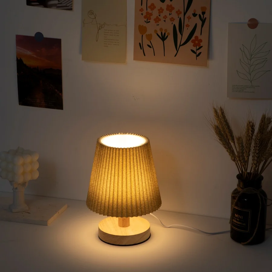 1 PC Wooden Base Foldable Fabric Table Lamp with USB Power Supply and Three Color Lighting
