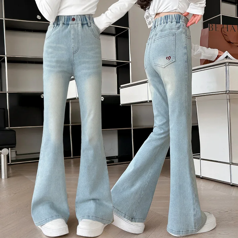Child Slim Close-fitting Heart Pattern Flared Jeans For Girls Elegant Boot Cut Denim Leggings Pants Kids Fashion Jeans Trousers